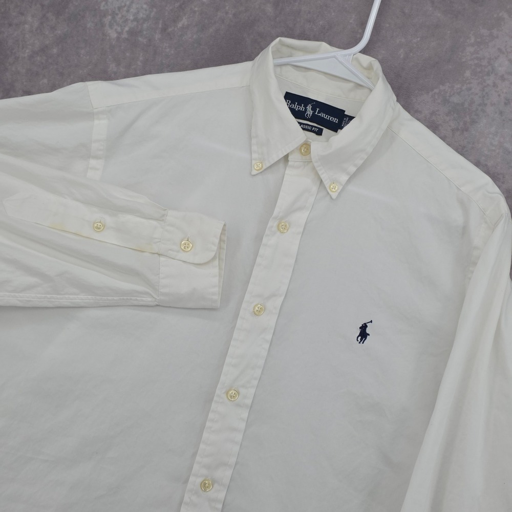 Ralph Lauren White Button Down Shirt Mens 15.5 32/33 Classic Fit Navy Pony Logo